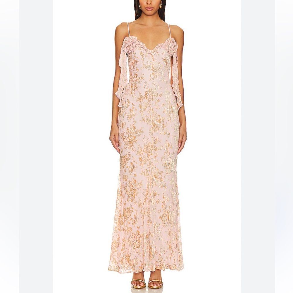 NBD Jamela Gown in Blush Pink Gold Floral Maxi Dress rosettes Revolve NWT XS